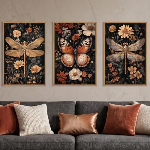 Aryroi Vintage Butterfly Dragonfly Framed Canvas Wall Art Set, Moody Dark - Image 2
