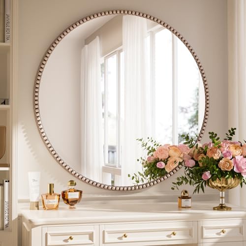 32'' Round Mirror, Beaded Circle Decorative Wall Mirror by Unknown