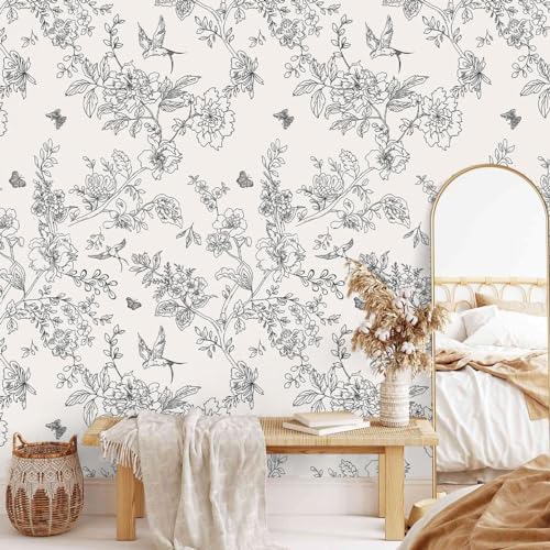 Froluya Black and White Floral Wallpaper Peel and Stick 17.7in×196.8in - Image 2