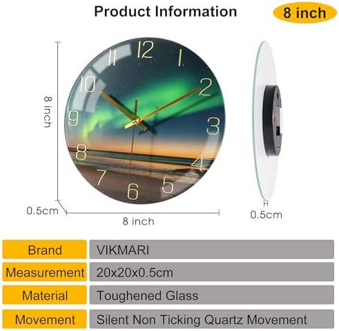 VIKMARI Aurora Black Gold Silent 8" Wall Clock Bathroom Living Room Decor - Image 2