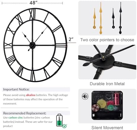 48 Inch Large Silent Wall Clock, Easy Assembly Roman Numeral Black - Image 2