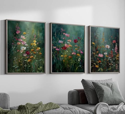 3Pcs Dark Green Floral Canvas Wall Art Moody Wildflowers Poster Prints Vintage - Image 3