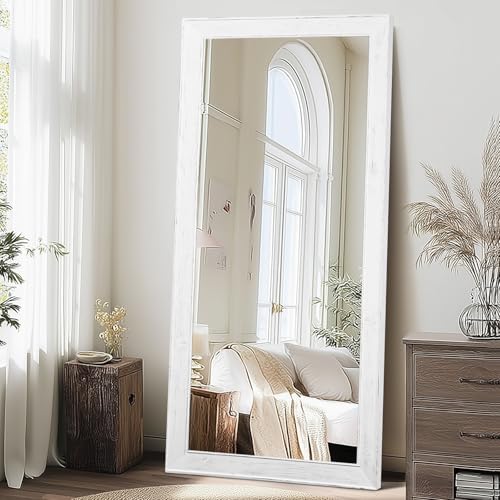 71x32in Full Length Mirror, Rustic White Beveled Wood Frame - Image 5