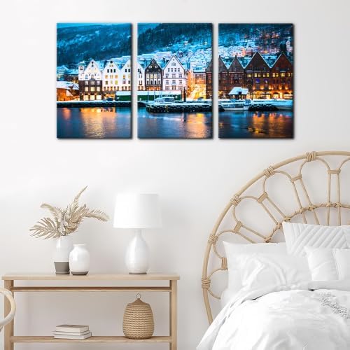 Pacimo 3 Piece Norway Cityscape Canvas Wall Art, Bruges Night View Print - Image 4