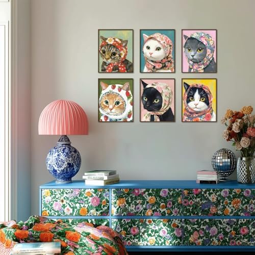 Funny Cat Poster Set of 6, Whimsical Babushka Cats Wall Art Eclectic Lover Cat - Image 5