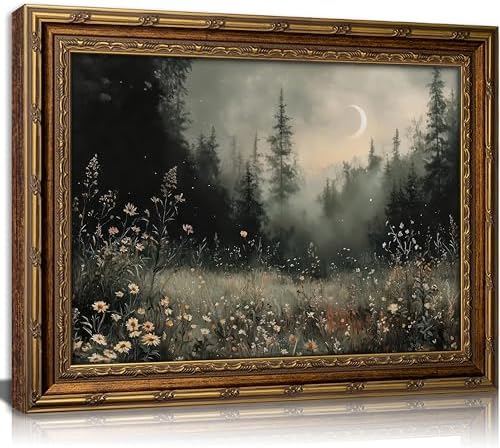 Vintage Gold Framed Moonlit Forest Wall Art Crescent Moon Forest Wildflower by VintageGoldFramedwallart