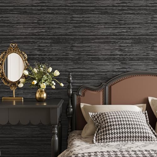 VEELIKE Black Grasscloth Wallpaper Textured Black Grasscloth Peel and Stick - Image 2