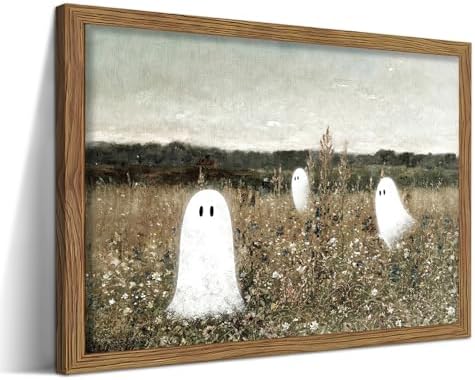 Framed Vintage Halloween Wall Art, Cute Ghost Meadow Painting, Rustic Landscape by MUWAKWallArt
