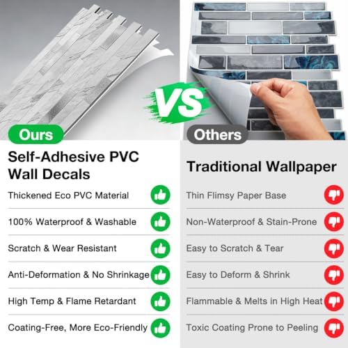 Peel and Stick Backsplash Tile Waterproof Removable PVC Wall Sticker 3D Faux - Image 3
