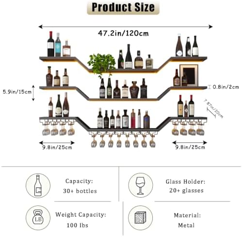 47.2"Modern LED Wine Rack Wall Mounted, 3-Tier Floating Bar Shelves - Image 2