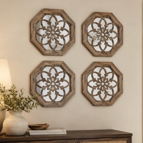 4 Pack 12 Inch Octagon Maroon Rustic Wood Frame Acrylic Wall Mirrors, Farmhouse by HMANGE