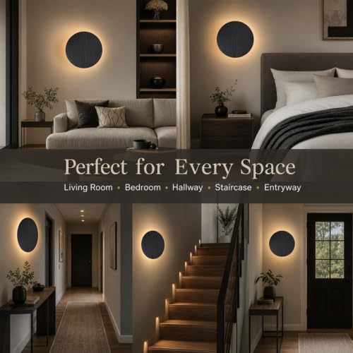 BIMO Round Black Wood Grain Wall Sconce, Modern LED Wall Lights - Image 6
