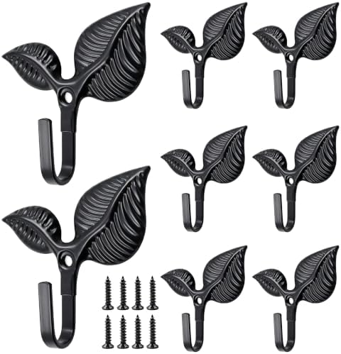 Set of 8 Vintage Leaf Wall Hooks Black Metal Coat Hooks Heavy Duty Decorative by Unknown