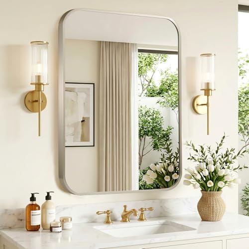 Brushed Nickel Bathroom Mirror for Over Sink, Modern Decorative Vanity Mirror by Titameg