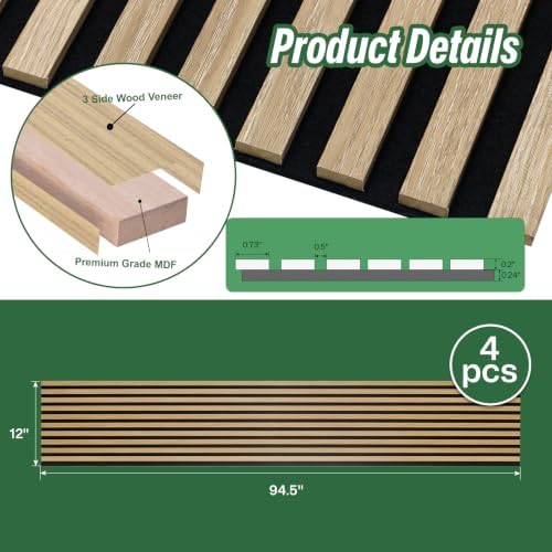 NeatiEase 4 Pack Acoustic Wall Panels, 94.5"x12" Wood Slat Wall Panel - Image 2