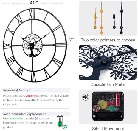 40in Large Silent Wall Clock, Easy Assembly Roman Numeral Black - Image 2