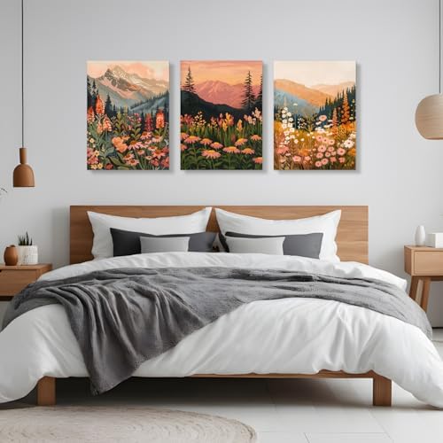 IAFWZX Wrapped Canvas Boho Mountain Wildflower Wall Art Set of 3, 12x16 in - Image 2