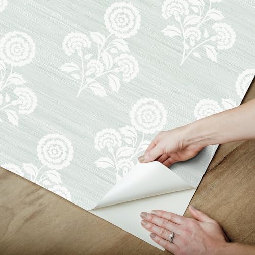 NuWallpaper Flourish Block Print Whisper Blue Faux Grasscloth Peel and Stick - Image 5