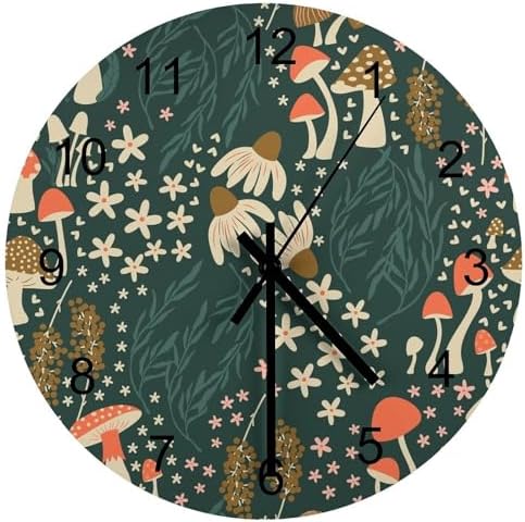 Botanical Wood Wall Clock, Cartoon Green Botanical Floral Leaves Mushroom Plant by LOMADIA