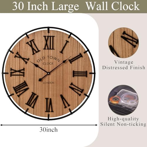 EMAX HOME Inch Large Farmhouse Wall Clock, 3D Raised Roman Numerals on Wooden - Image 4