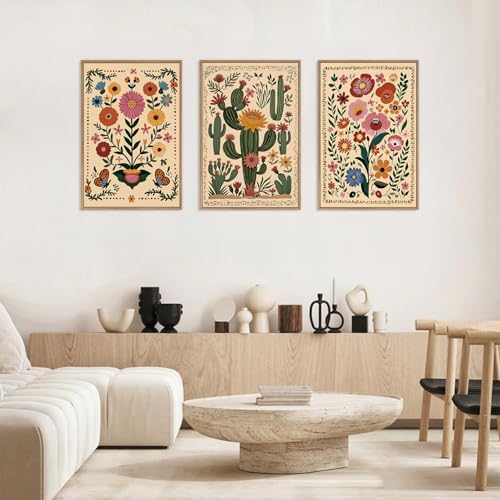 HLNIUC Boho Wildflower Wall Art Canvas, Mid Century Floral Wall Art, Butterfly - Image 3