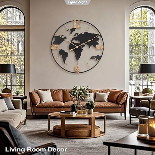 Pytha Sight 36 Inch Large Extra Metal Oversized Arabic World Map Wall Clock - Image 6