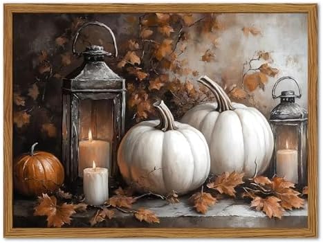 Framed Vintage Fall Pumpkin Canvas Wall Art, Rustic Farmhouse Autumn Paintings by Unknown