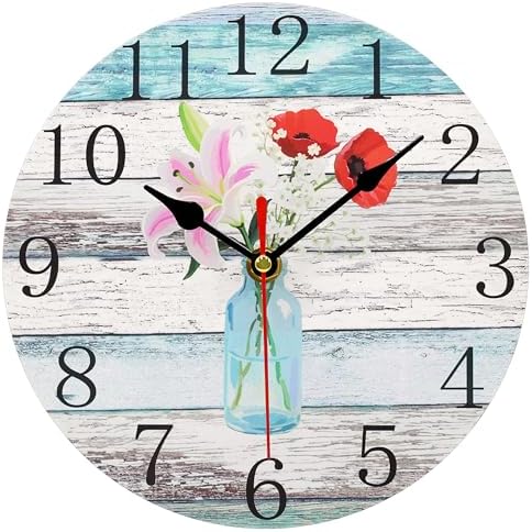 8in Beach Blue Floral Wooden Wall Clock Rustic Silent Bottle Flower by Toudorp
