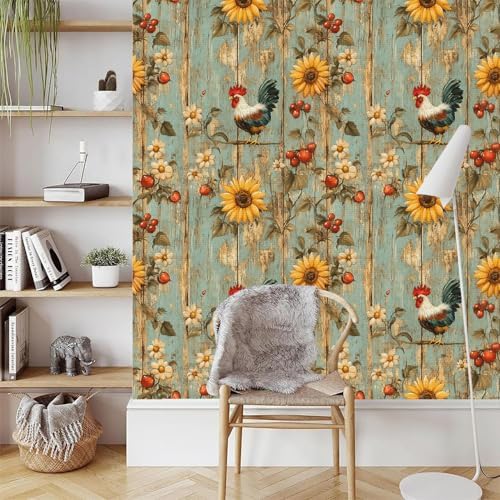 Sunflowers Rooster Peel and Stick Wallpaper 17.3"x78.7" Wood Vintage Non-Woven - Image 3