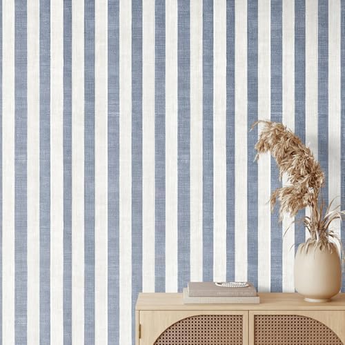 Navy Blue and Cream White Textured Striped Peel and Stick Wallpaper, Self by Unknown
