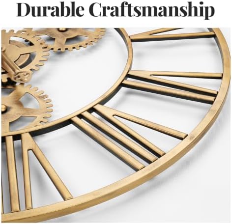 Cuspin 24 Inch Wall Clock with Gears, Industrial Metal Clock, Antique Gold - Image 5