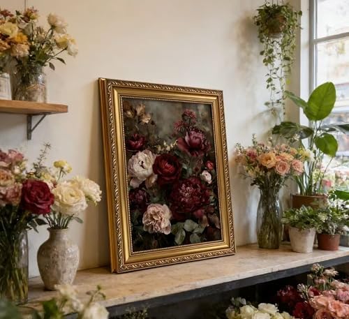 Vintage Gold Framed Floral Wall Art Dark Moody Flower Botonical Canvas Painting - Image 3