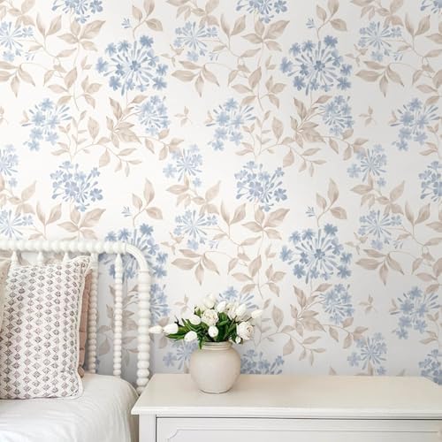 Heroad Boho Floral Wallpaper Blue/Beige Peel and Stick Wallpaper Neutral Leaf by HeroadBrand