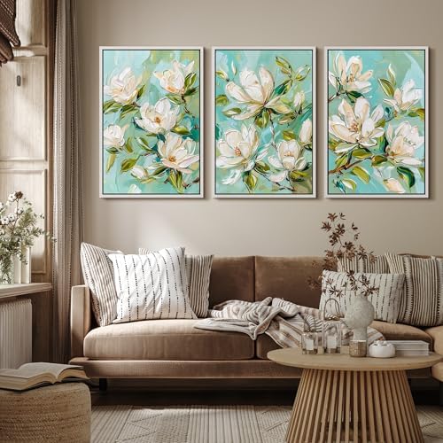 MUDECOR Framed Canvas Print Wall Art Abstract Magnolia Flower Teal Green - Image 4
