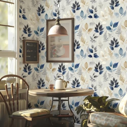 Watercolor Neutral Blue Gold Leaf Peel and Stick Wallpaper Self Adhesive 17.72" - Image 2