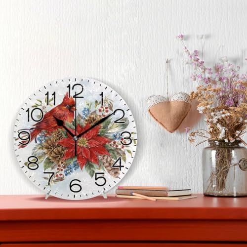 Christmas Poinsettia Flower and Winter Bird Red Cardinal Wall Clock Battery - Image 2