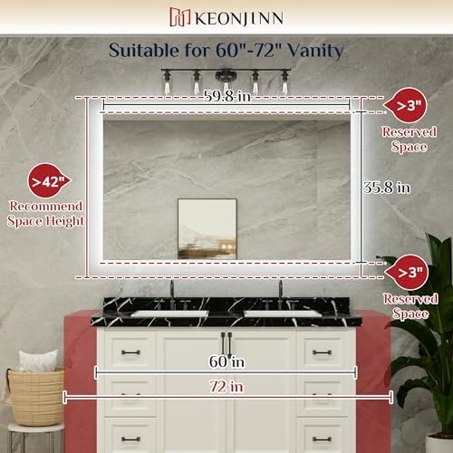 Keonjinn 60" x 36" Backlit Mirror Bathroom, Large Vanity Mirror - Image 2
