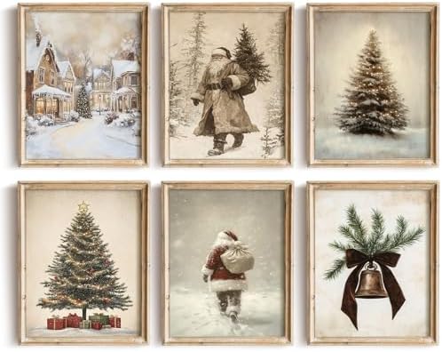 uniro Vintage Christmas Wall Art Set of 6pcs, Santa Claus Prints, Neutral by uniro