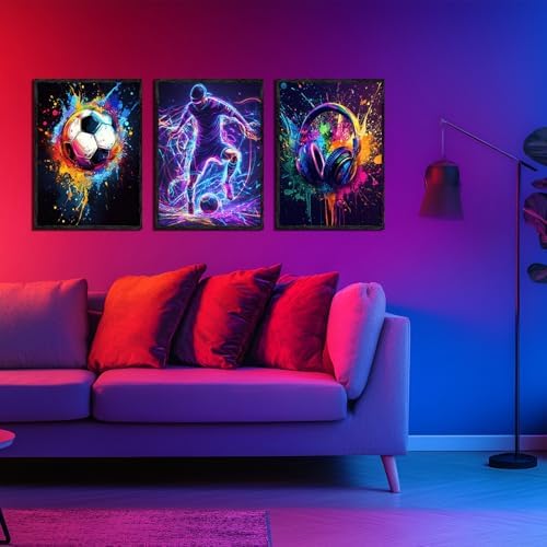 3PCS Boys Neon Splash Soccer Wall Art Colorful Headphone and Soccer wall decor - Image 5