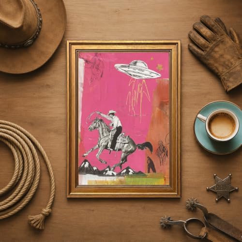 Vintage Gold Framed Western Wall Art, Retro Cowboy UFO Abduction Pictures Wall - Image 2