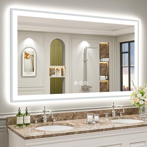 68x38 Inch Brushed Nickel LED Bathroom Mirror, Backlit & Front Lit by Awandee