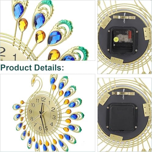 TeamSky 14.6" 3D Crystal Peacock Wall Clock, Silent Metal Decorative Clock - Image 6