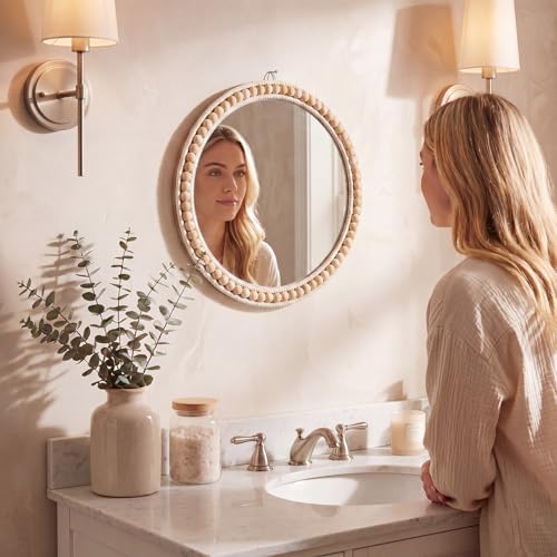 Glooglitter 15 Inch Boho Round Wall Mirror, Beaded Wood Frame Hanging Mirror - Image 5