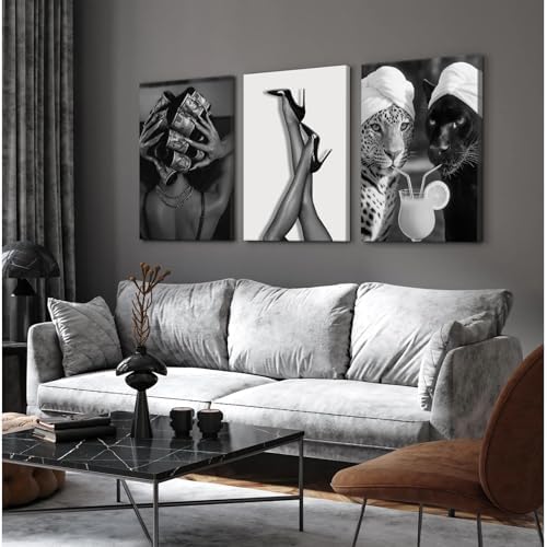Black White Leopard Wall Art Trendy Cheetah Canvas Wall Decor Fashion Cocktail - Image 3