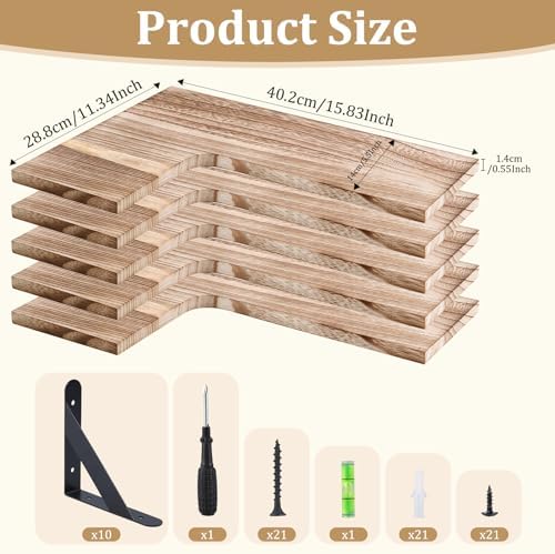 Set of 5 Corner Floating Shelves, Rustic Wood Shelve, Light Brown - Image 3