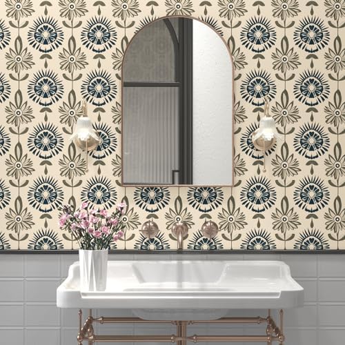 BOKEBEVE Boho Floral Peel and Stick Wallpaper Beige Blue 17.5 x 393.5In - Image 2