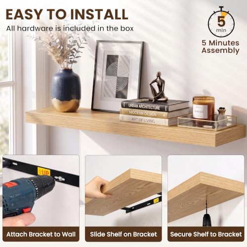 Acovy 72x8in Floating Shelves 2 Pack, Wall Mount Display Shelf, Light Brown - Image 5