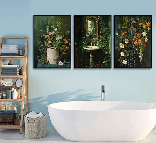 3Pcs Vintage Dark Green Bathroom Wall Art Shower Toilet Paper Roll Floral - Image 6