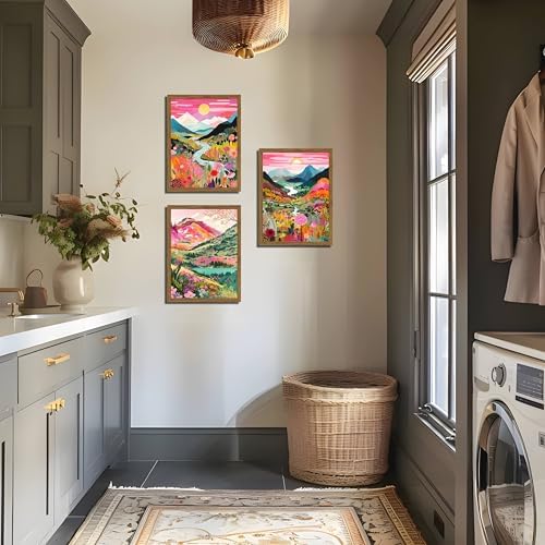 Boho Colorful Mountain Wall Art Set of 3, Abstract Watercolor Landscape Flower - Image 5