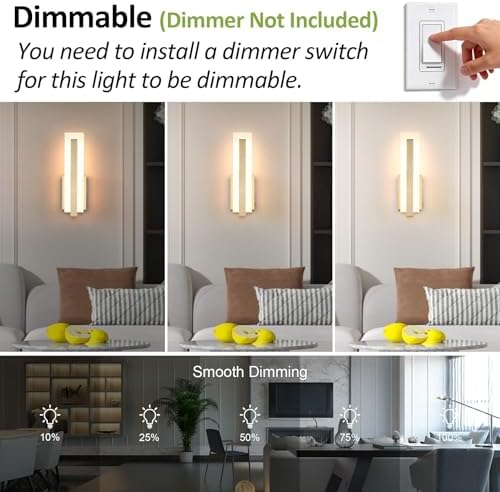 Tipace Hardwired Gold Dimmable Modern LED Wall Sconce 2 Packs 3000K 3500K 4000K - Image 2